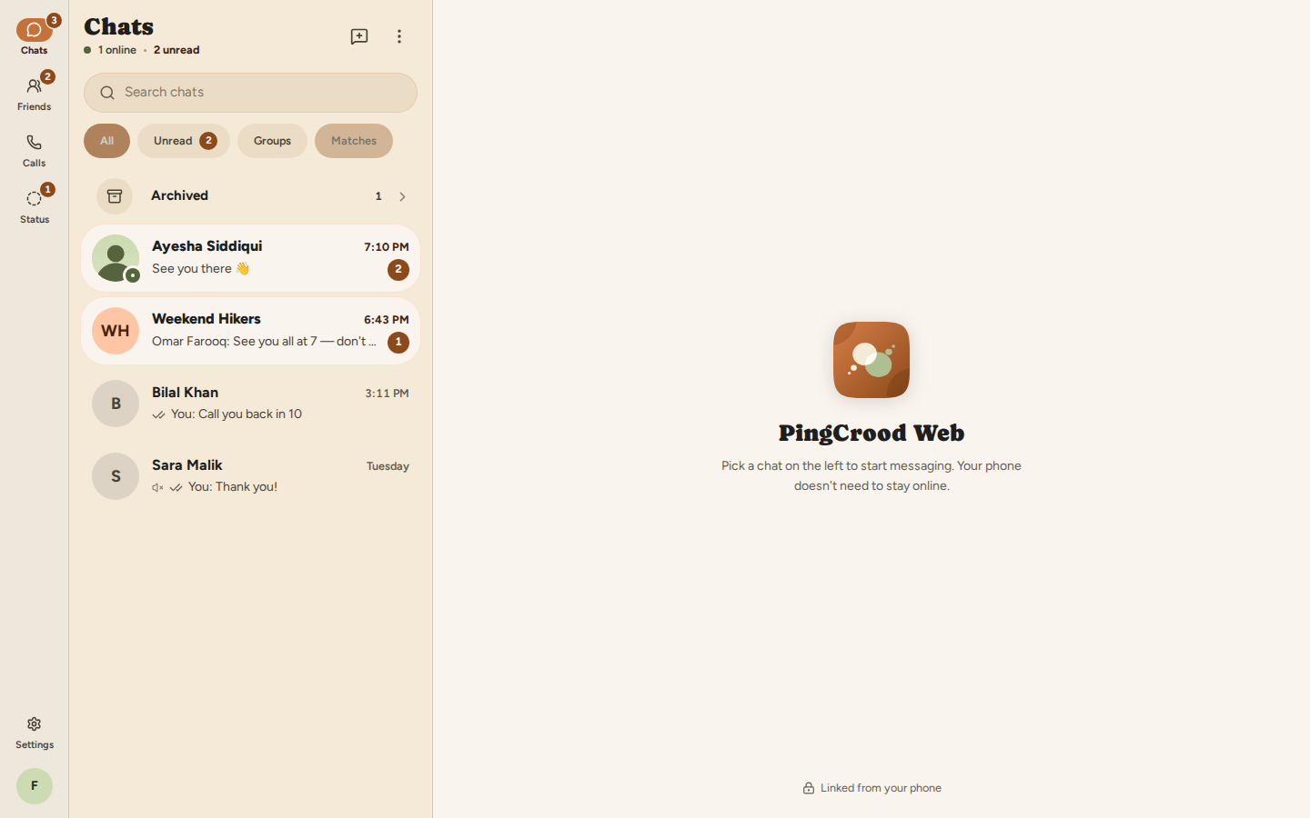 PingCrood Web in a browser: the chat list beside the conversation pane